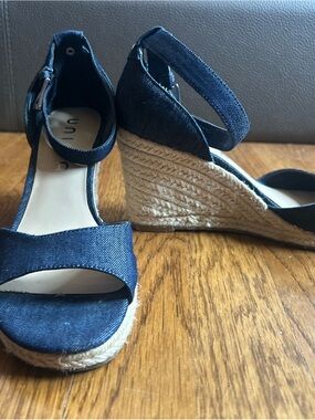 Unisa Navy Denim Espadrille Wedge Sandals with Ankle Strap
